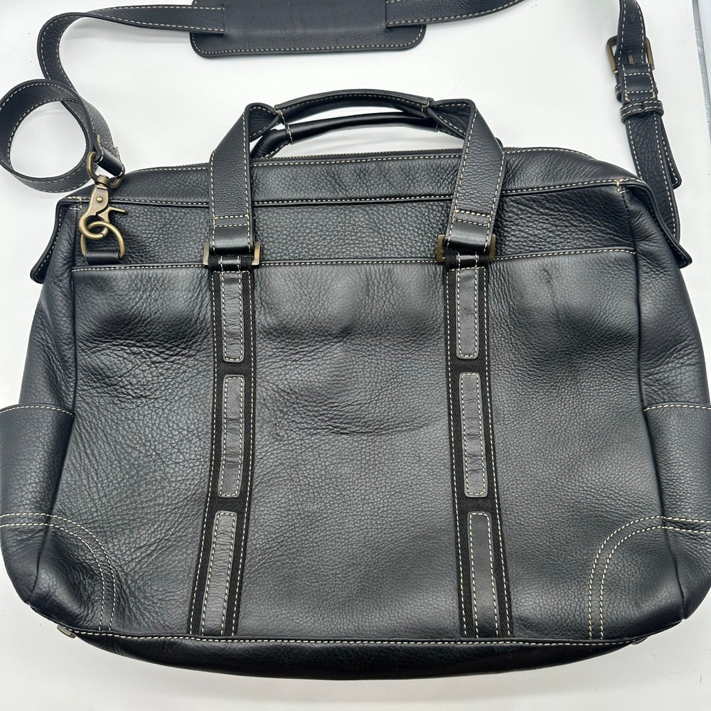 Levenger Black Pebbled Leather Briefcase Laptop Bag Messenger Contrast Stitch